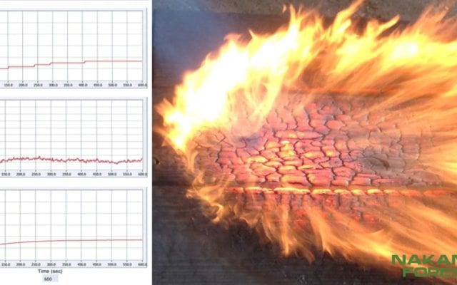 Split image of a graph showing Shou Sugi Ban flame resistance and a photo of a burn test